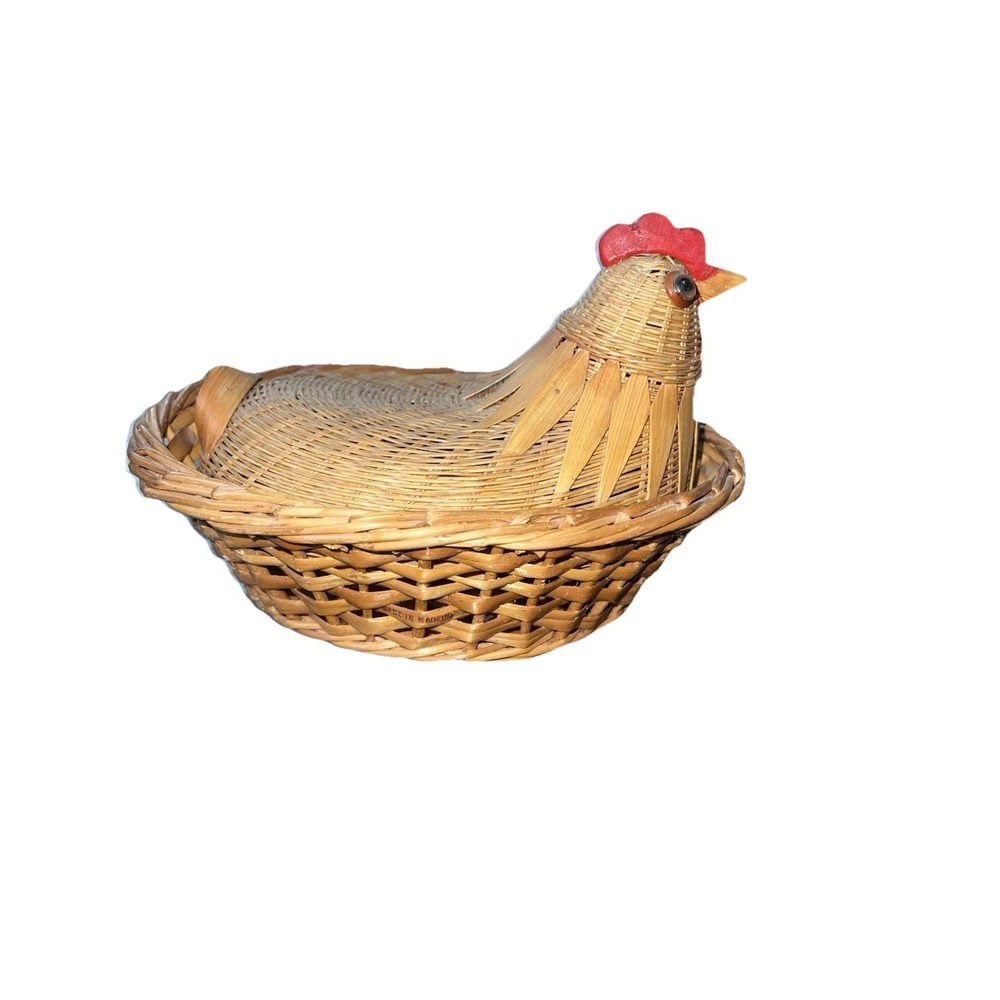 Vintage Hen On Nest Chicken Basket Woven Wood Wicker Rattan Farmhouse Decor 8"x6